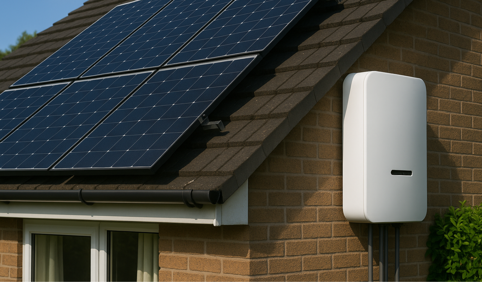 Invertor solar montat pe peretele unei case, alături de panouri fotovoltaice instalate pe acoperiș, într-un sistem fotovoltaic