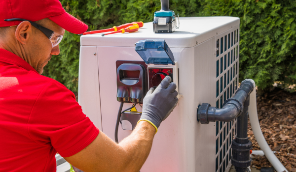 Tehnician autorizat efectuează lucrări de service la panoul electric al unei pompe de căldură aer-apă.