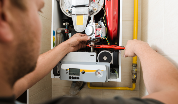 Tehnician verifică instalația de gaze și centrala termică pentru repunerea în funcțiune după perioada de neutilizare   