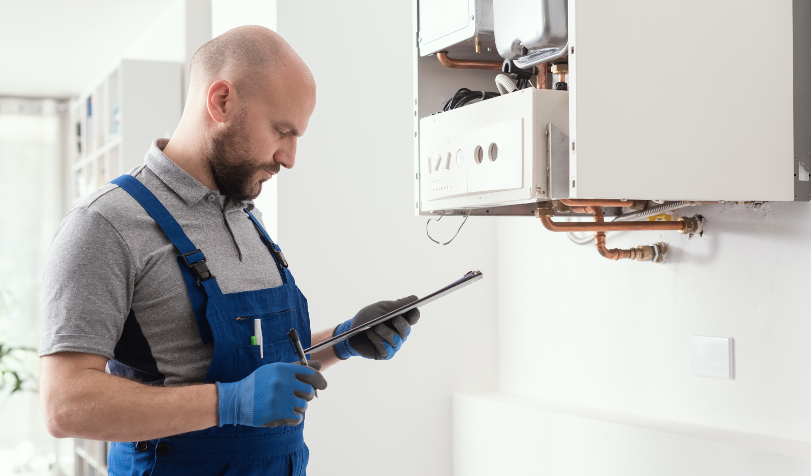 Tehnician autorizat care verifică și notează datele la mentenanța unei centrale termice de apartament