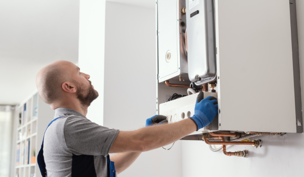 Specialist service autorizat care efectuează reglaje la o centrală termică de perete în timpul mentenantei