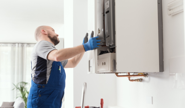 Specialist service autorizat care efectuează reglaje la o centrală termică de perete în timpul întreținerii  