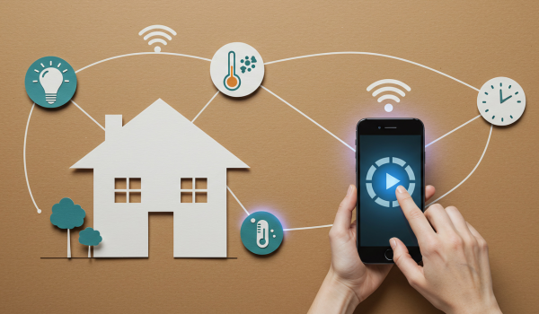 Controlul unei case inteligente de pe telefon, cu monitorizarea temperaturii, iluminatului și automatizărilor.