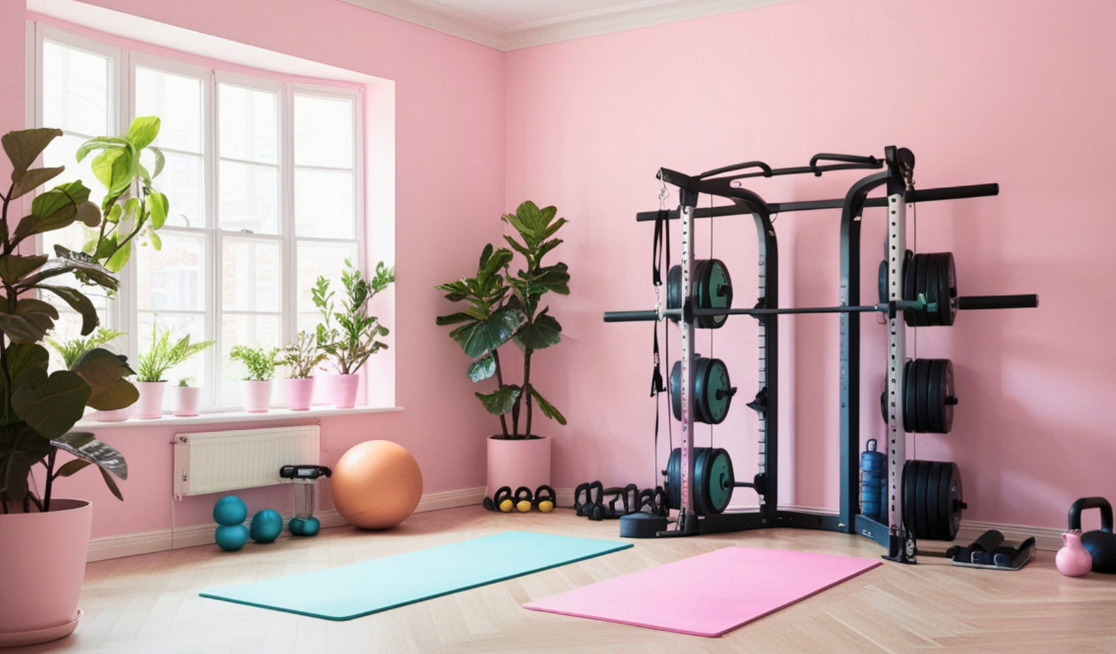  Colt de home gym amenajat acasa, cu aparat multifunctional si accesorii, pregatit pentru instalare echipamente fitness iarna