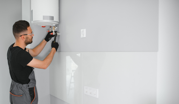 Instalator autorizat în timpul montajului unui boiler electric pe perete