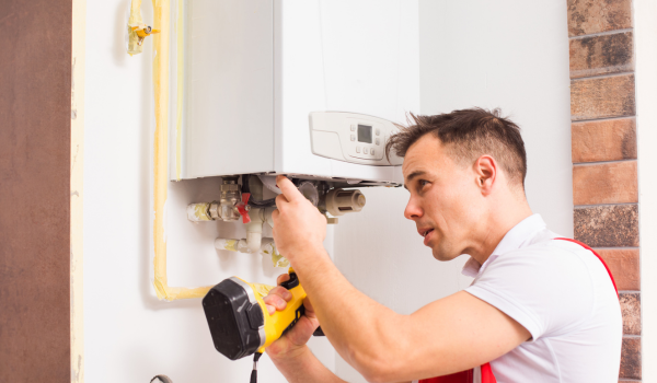 Tehnician care repară o centrală termică veche montată pe perete, semn că sistemul are nevoie tot mai des de intervenții
