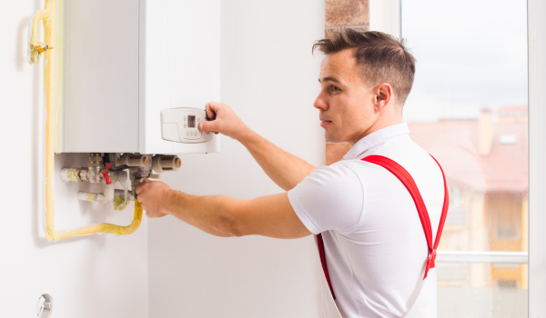  Tehnician care verifică o centrală termică de apartament și ajustează panoul de control pentru a identifica problemele unei centrale vechi