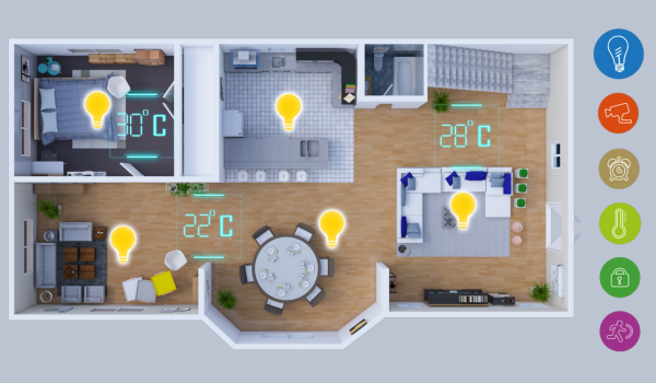 Control temperatură &icirc;ntr-o locuință smart, afișat pe planul casei, cu iluminat intelligent.