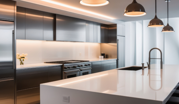 Bucătărie modernă cu iluminat LED sub corpurile suspendate și pendule deasupra insulei pentru lumină de lucru și atmosferă