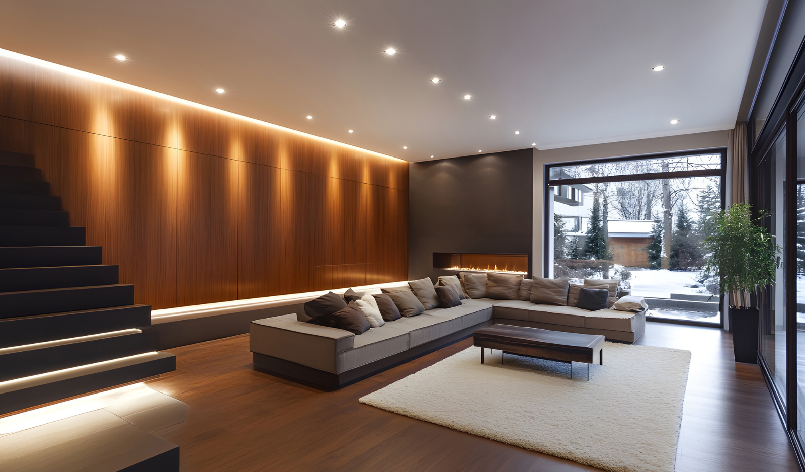 Iluminat &icirc;ntr o casă modernă &icirc;n living, cu LED indirect pe tavan și perete și spoturi &icirc;ncastrate.