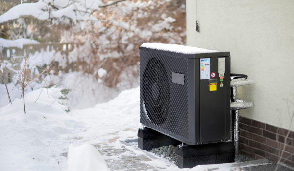 Pompă de căldură aer-apă montată la exterior pentru &icirc;ncălzirea eficientă a casei &icirc;n sezonul rece