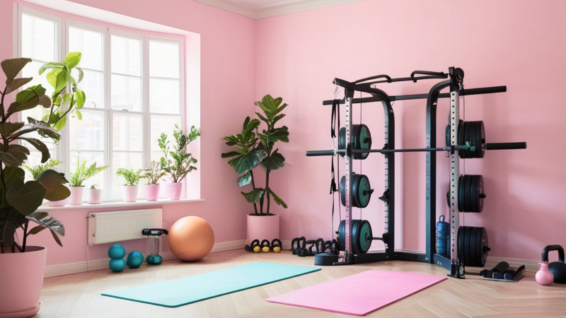 Colt de home gym amenajat acasa, cu aparat multifunctional si accesorii, pregatit pentru instalare echipamente fitness iarna  