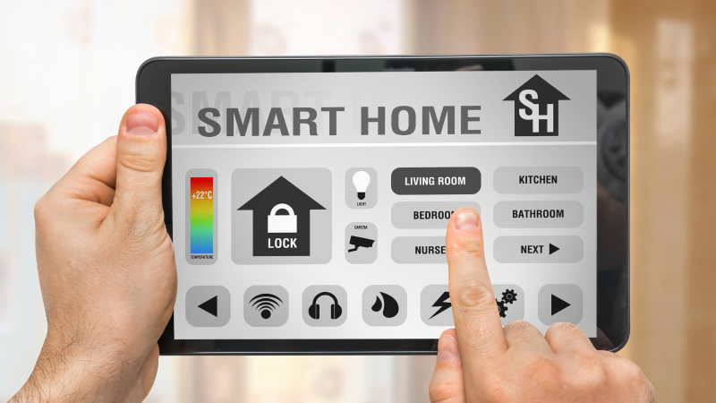 Panou de control Google Home pentru gestionarea luminilor, temperaturii și securității într-o casă inteligentă.