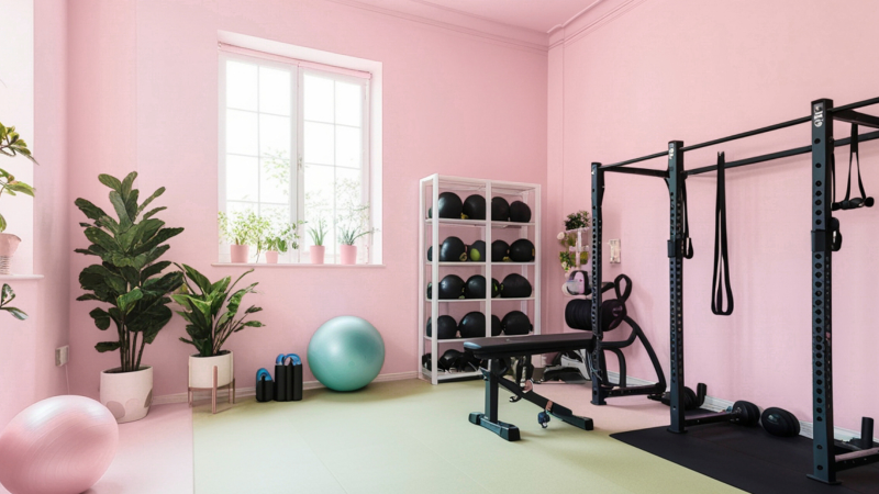 Echipamente de sală și fitness instalate acasă într-o cameră modernă, cu bancă de abdomene, greutăți și accesorii pentru antrenament.