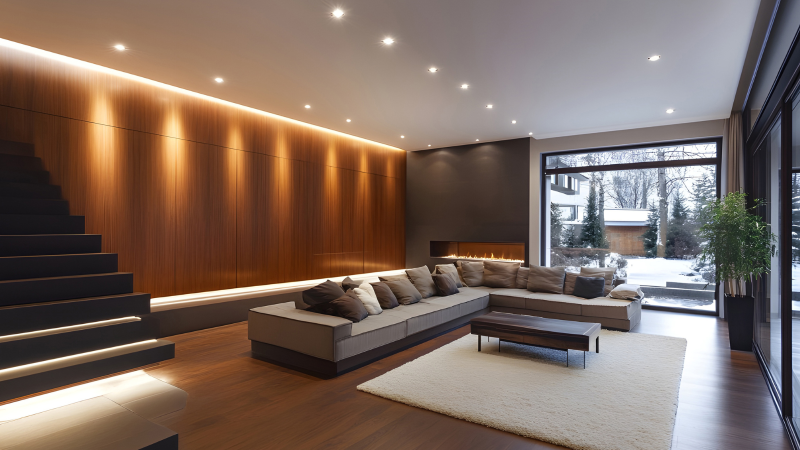  Iluminat într o casă modernă în living, cu LED indirect pe tavan și perete și spoturi încastrate.