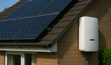 Invertor solar montat pe peretele unei case, alături de panouri fotovoltaice instalate pe acoperiș, într-un sistem fotovoltaic