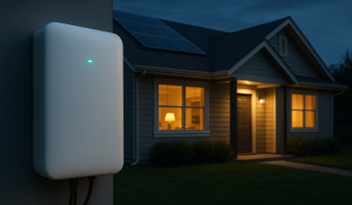 Backup box conectat la un sistem fotovoltaic, cu panouri solare pe acoperiș – soluție de backup