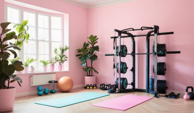 Colt de home gym amenajat acasa, cu aparat multifunctional si accesorii, pregatit pentru instalare echipamente fitness iarna  