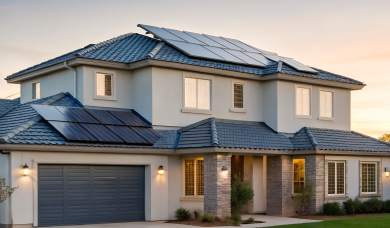 Casă modernă cu acoperiș prevăzut cu panouri fotovoltaice, sistem solar rezidențial instalat professional cu microinvertor