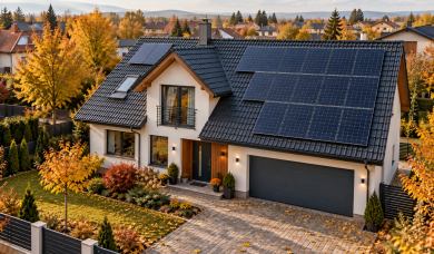 Casă cu panouri fotovoltaice instalate pe acoperiș, într-un peisaj de toamnă